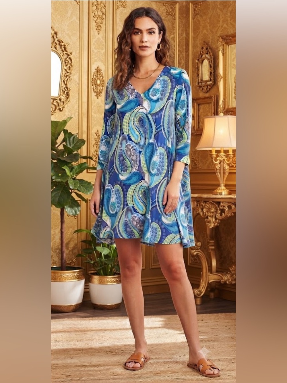 Cappagallo Blue Paisley Jersey V-Neck Dress